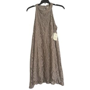 NWT Altar'd State Elegant Taupe Lace Overlay Sleeveless Halter Fully Lined Dress